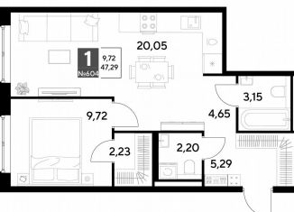 Продаю 1-ком. квартиру, 47.3 м2, Калуга