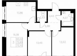 Продажа 3-ком. квартиры, 73.1 м2, Казань, Адмиралтейская улица, 2, Кировский район