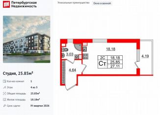 Продам квартиру студию, 25.9 м2, Санкт-Петербург, муниципальный округ Пулковский Меридиан