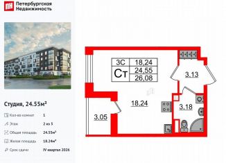 Продается квартира студия, 24.6 м2, Санкт-Петербург, муниципальный округ Пулковский Меридиан