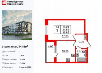 1-комнатная квартира на продажу, 34.9 м2, Санкт-Петербург, метро Звёздная