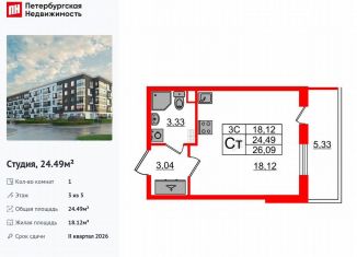 Квартира на продажу студия, 24.5 м2, Санкт-Петербург, муниципальный округ Пулковский Меридиан