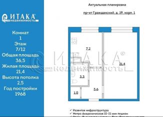 Продажа 1-ком. квартиры, 36.5 м2, Санкт-Петербург, Гражданский проспект, 19к1, муниципальный округ Гражданка