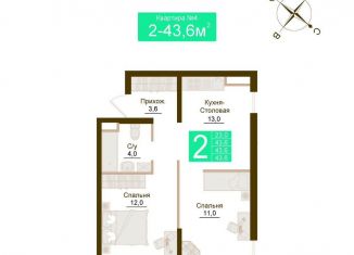 Продаю 2-комнатную квартиру, 43.6 м2, посёлок городского типа Молодёжное