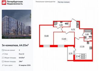 Продаю 2-комнатную квартиру, 64.1 м2, Санкт-Петербург, муниципальный округ Коломяги