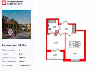 Продам однокомнатную квартиру, 30.7 м2, посёлок Шушары