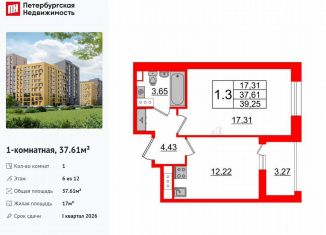 Продам 1-ком. квартиру, 37.6 м2, Санкт-Петербург, метро Озерки