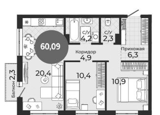 Продам 3-комнатную квартиру, 60.1 м2, Новосибирск, метро Студенческая