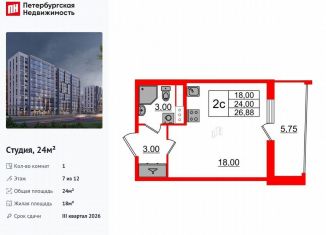 Квартира на продажу студия, 24 м2, Санкт-Петербург, метро Проспект Просвещения