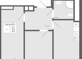 Продам 2-комнатную квартиру, 56.9 м2, деревня Яковлево