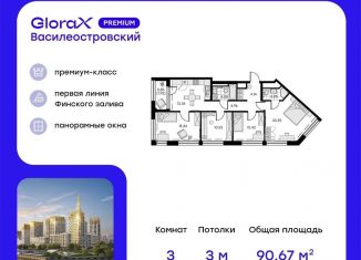Продается 3-комнатная квартира, 90.7 м2, Санкт-Петербург, муниципальный округ Морской