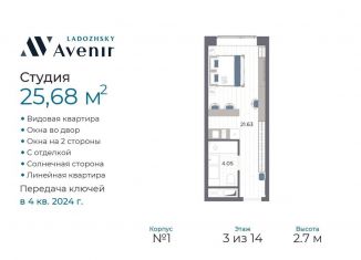 Продается квартира студия, 25.7 м2, Санкт-Петербург, Магнитогорская улица, 51литЗ, муниципальный округ Большая Охта