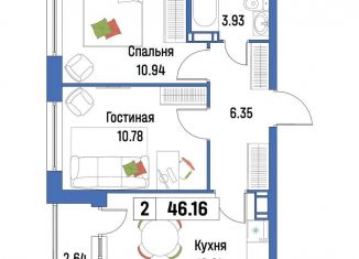 Продается 2-комнатная квартира, 46.2 м2, Мурино, ЖК Урбанист