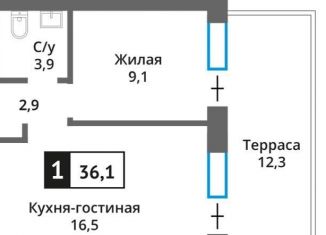1-комнатная квартира на продажу, 36.1 м2, Московская область