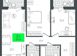 Продажа двухкомнатной квартиры, 69.4 м2, Тюмень