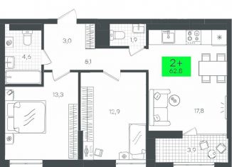 Продаю 2-комнатную квартиру, 62.9 м2, Тюмень, Калининский округ, улица Николая Глебова, 4