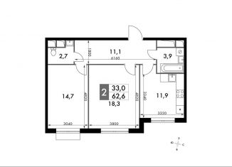 Продам 2-комнатную квартиру, 62.6 м2, Московская область