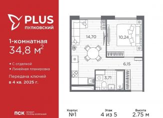 Продается 1-комнатная квартира, 34.9 м2, Санкт-Петербург, муниципальный округ Пулковский Меридиан