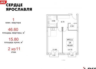 Продам однокомнатную квартиру, 46.6 м2, Ярославль, ЖК Сердце Ярославля