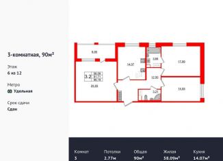 Продаю трехкомнатную квартиру, 90 м2, Санкт-Петербург, метро Удельная, Манчестерская улица, 3к2