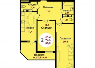 2-комнатная квартира на продажу, 70.4 м2, Краснодар, Душистая улица, 77, микрорайон Молодёжный