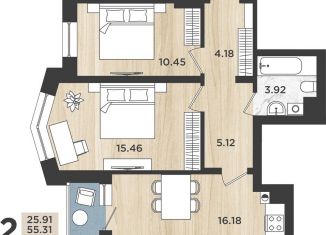 Продам 2-ком. квартиру, 56.7 м2, Калининград, Батальная улица, 104, ЖК Дом на Батальной