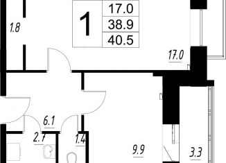 1-комнатная квартира на продажу, 38.9 м2, деревня Сабурово, Рождественская улица, 1, ЖК Митино О2