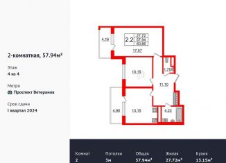 Двухкомнатная квартира на продажу, 57.9 м2, Санкт-Петербург, ЖК Солнечный Город. Резиденции
