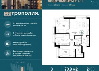 Продаю 3-ком. квартиру, 70.9 м2, Москва, Волгоградский проспект, 32/5к4, ЖК Метрополия