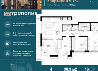 Четырехкомнатная квартира на продажу, 98.9 м2, Москва, Проектируемый проезд № 1242, Южнопортовый район