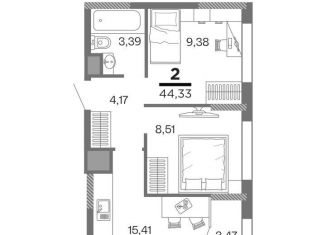 Продам 2-ком. квартиру, 44.3 м2, Рязань, ЖК Метропарк