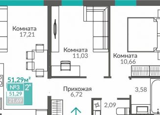 Двухкомнатная квартира на продажу, 51.3 м2, Крым