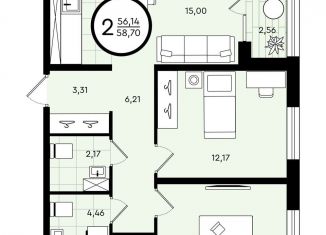 2-комнатная квартира на продажу, 58.7 м2, Тюмень