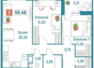 Продаю 2-ком. квартиру, 59.5 м2, Мурино, ЖК Графика