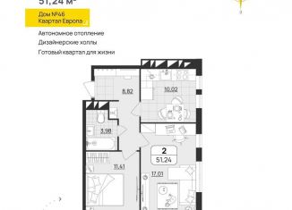 Продается двухкомнатная квартира, 51.2 м2, Ульяновская область, квартал Европа, 46