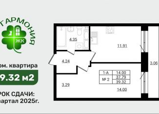 Однокомнатная квартира на продажу, 39.3 м2, Ленинградская область, улица Спорта