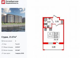 Продается квартира студия, 25.1 м2, Санкт-Петербург, метро Улица Дыбенко