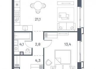 1-комнатная квартира на продажу, 45.7 м2, Москва, метро Печатники