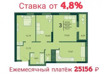 Продается трехкомнатная квартира, 75.2 м2, село Засечное