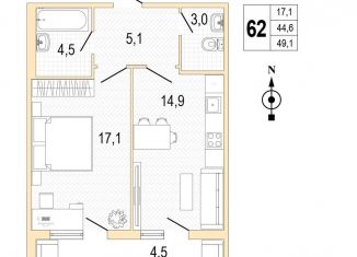 1-комнатная квартира на продажу, 49 м2, Санкт-Петербург, проспект Патриотов, 35, метро Проспект Ветеранов