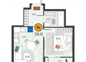 1-комнатная квартира на продажу, 38.8 м2, Тюмень, улица Мельникайте, 151к1