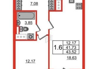 Продажа 1-комнатной квартиры, 41.7 м2, Санкт-Петербург, Фарфоровская улица, 9, Фарфоровская улица