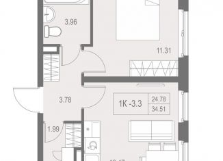 Продам 1-комнатную квартиру, 34.5 м2, Санкт-Петербург, метро Проспект Большевиков