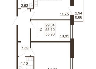 2-комнатная квартира на продажу, 56 м2, Гатчина, улица Хохлова, 16