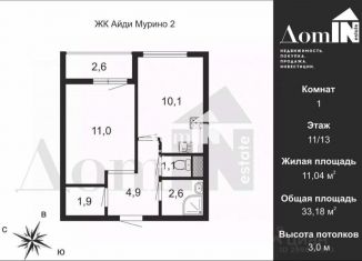 Продажа однокомнатной квартиры, 33.2 м2, Ленинградская область, улица Шувалова, 39