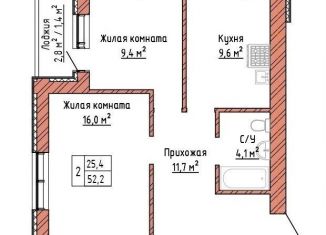 Двухкомнатная квартира на продажу, 52.2 м2, Самара