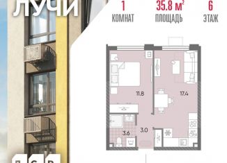1-комнатная квартира на продажу, 35.8 м2, Москва, район Солнцево