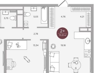 2-комнатная квартира на продажу, 73.3 м2, Тюмень