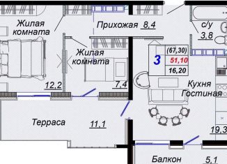 Трехкомнатная квартира на продажу, 67.3 м2, Краснодарский край