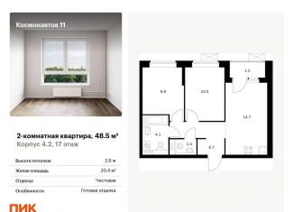 Продаю 2-комнатную квартиру, 48.5 м2, Екатеринбург, Железнодорожный район, жилой комплекс Космонавтов 11, 4.2